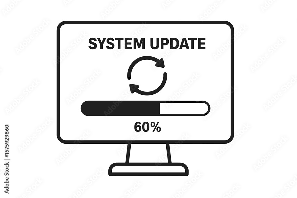 Computer monitor system update progress bar. Software upgrade, data synchronization, loading process, installation, operating system update, digital interface, vector illustration Computer monitor system update progress bar. Software upgrade, data synchronization, loading process, installation, operating system update, digital interface, vector illustration