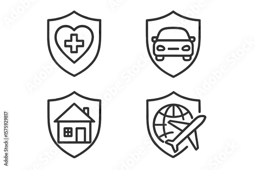 Insurance Protection Icons Set – Health, Car, Home, Travel, Property Coverage, Line Style, Web and Mobile App, Risk Management, Safety, Security, Policy, Assurance, Vector