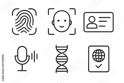 Identity verification icon set. Biometric authentication outline pictograms for web and mobile. Fingerprint scan, face recognition, ID card, voice control, DNA, passport symbols.