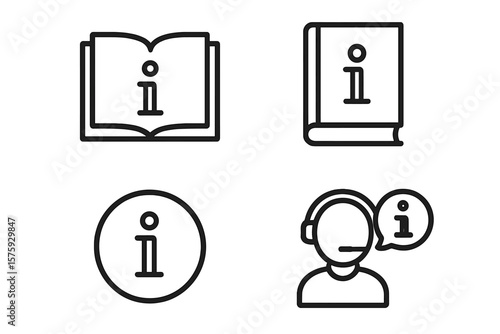 Information Help Desk Icons Set. Line Style Web Icons: Info Symbol, User Manual, Instruction Book, Guidebook, Reference, Customer Support, FAQ, Assistance, Knowledge Base