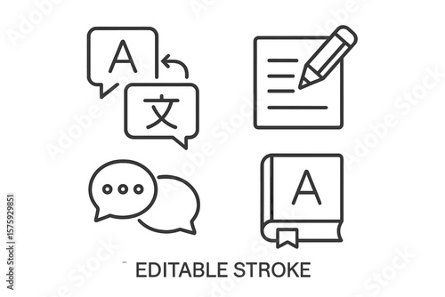 Language Translation Communication Icons Set. Linear Web Symbols for Translate, Writing, Speech, Speaking, Dictionary, Text. Editable Stroke, Outline Style, Multilingual Concept