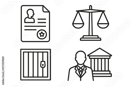 Law and Justice Linear Icon Set. Legal Document, Scales of Justice, Prison Cell, Court Lawyer. Outline Symbols for Law Firm, Courtroom, Legal Services, Justice System, Crime, Punishment, Attorney