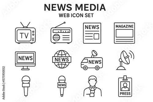 News Media Icon Set, Linear Style. TV, Radio, Newspaper, Magazine, News, Broadcasting, Press, Interview, Microphone, Satellite, Journalist, Web, Global, Mass Media, Communication, Vector Icons