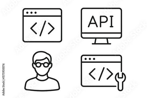 Programming and Coding Line Icons Set. Web Development, API, Code, Programmer, Developer, Software Tools, Information Technology, Web and Mobile App, Editable Vector Illustration