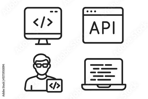 Programming and Coding Web Icons Set. Line Style Software Development Symbols. Code, API, Programmer, Developer, Web, Mobile App, IT, Coding, Technology, Interface, Script, Digital
