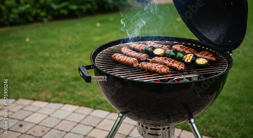 A black barbecue grill with meat skewers and zucchini cooking on a charcoal fire in a backyard setting