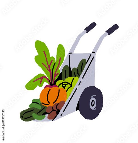 Wheelbarrow is full of vegetables. Wheel barrow, farm cart, farming tool for carrying. Autumn harvest of different agriculture crops. Flat isolated hand drawn vector illustration on white background