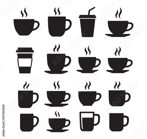 Collection of various coffee cups and mugs with steam isolated on white background