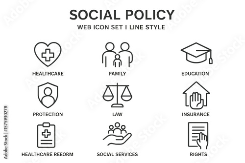 Social Policy Line Icon Set. Healthcare, Family, Education, Protection, Law, Insurance, Healthcare Reform, Social Services, Rights. Modern Linear Web Icons Collection