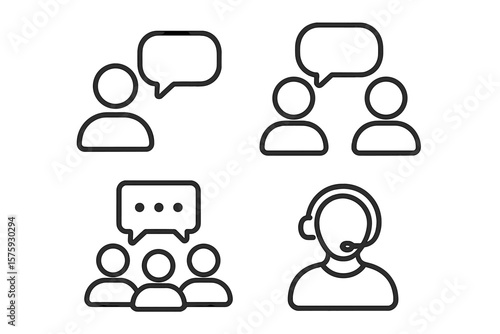 Communication and Support Line Icons Set. People Talking, Speech Bubble, Discussion, Teamwork, Customer Service, Group Chat, Conversation, Web and Mobile App Interface