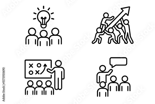Teamwork and Leadership Workshop Icons Set. Line Style Business Vector Illustrations. Team Building, Coaching, Collaboration, Strategy, Communication, Meeting, Management, Success.