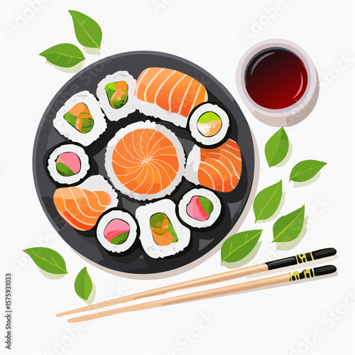 Delicious Sushi Platter: Overhead View of Assorted Salmon and Vegetable Rolls, Soy Sauce, Chopsticks, and Garnish.