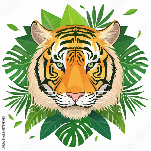 Serene Tiger Head Portrait: Lush Tropical Foliage, Vibrant Colors, Wildlife Illustration