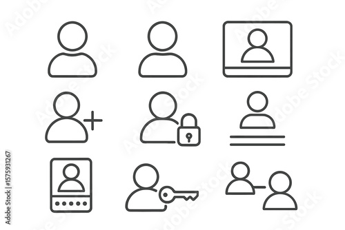 User Account Web Icon Set. Line Style User Profile Icons Collection. Profile, Avatar, Login, Password, Username, Add Friend, Access, Security, Connection, Identification, Authorization