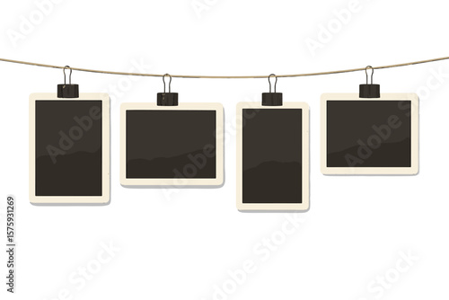 Hanging Vintage Photo Frames Set. Blank Retro Picture Frames on String with Clips. Realistic Detailed Template. Vertical and Horizontal Frames for Gallery Wall, Memory Display, Scrapbooking
