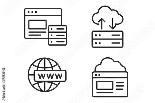 Web hosting and cloud computing line icons set. Server, data exchange, cloud storage, website, domain, www globe. Modern outline symbols for web, app, IT, technology, network
