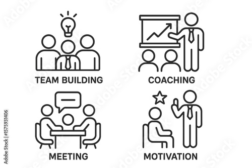 Business Workshop Line Icons Set: Team Building, Coaching, Meeting, Motivation, Corporate Training, Leadership, Employee Development, Office Collaboration, Communication, Management Concepts