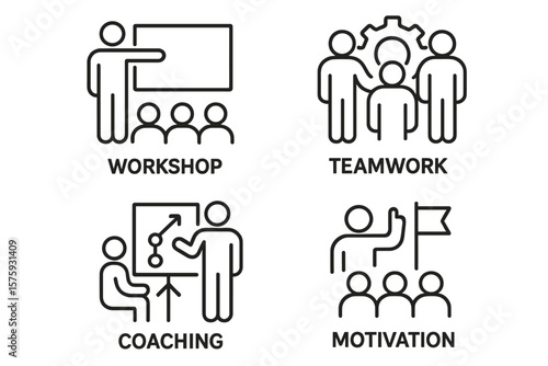 Workshop, Teamwork, Coaching, Motivation Line Icons Set. Business Training, Team Building, Leadership, Employee Development, Group Meeting, Corporate Skills, Collaboration, Success Concept