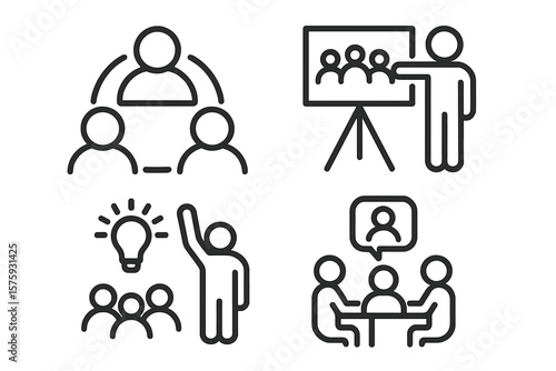 Team Building, Coaching, Brainstorming, and Meeting Line Icons Set. Business Workshop, Teamwork, Management, Collaboration, Training, Presentation, Idea Generation, Communication.