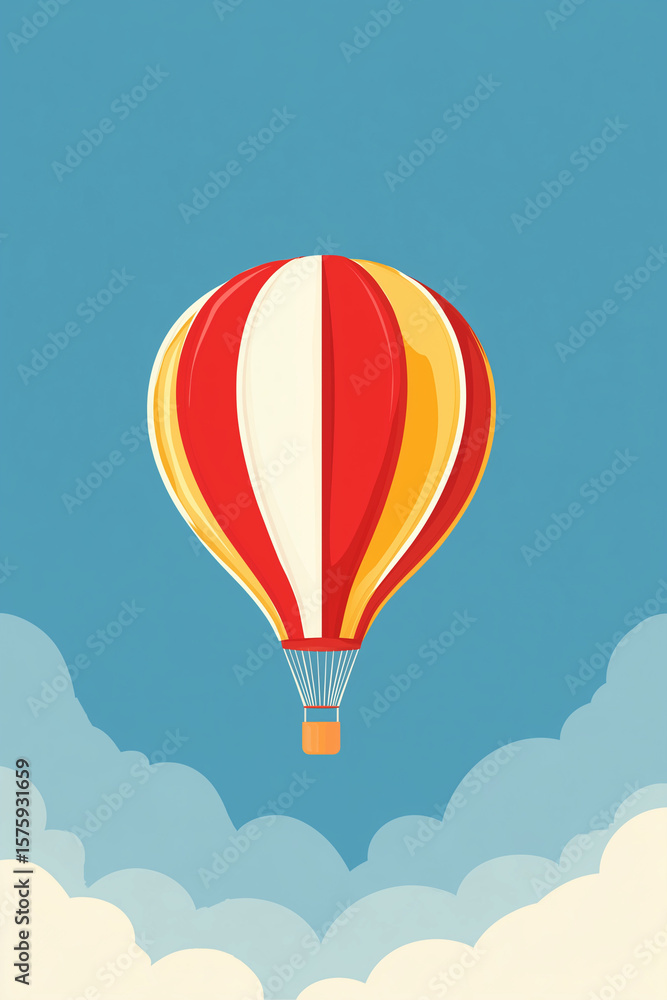 Fototapeta premium Colorful hot air balloon with red and yellow stripes floating above the clouds in a blue sky