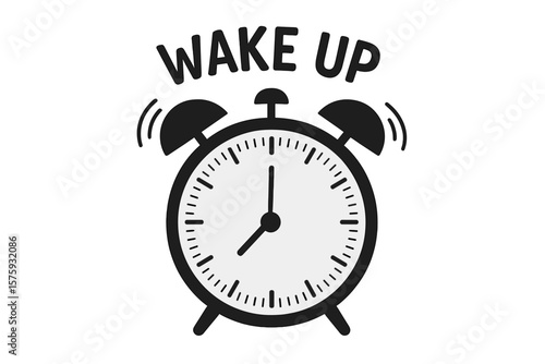 Wake up call text. Classic alarm clock ringing icon. Loud signal for waking up in the morning. Retro clock with bell. Time to get up. Deadline reminder concept vector art.
