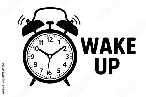 Ringing alarm clock with wake up text. Morning alert symbol. Time management, deadline and schedule concept. Classic twin bell clock illustration for a wake up call. Vector icon.