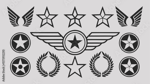 Black military emblems stars wings laurel wreaths white
