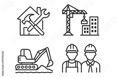 Vector icon set of the construction industry. Building site, home repair, crane, excavator, engineer, and worker line icons. Real estate development architecture symbols.