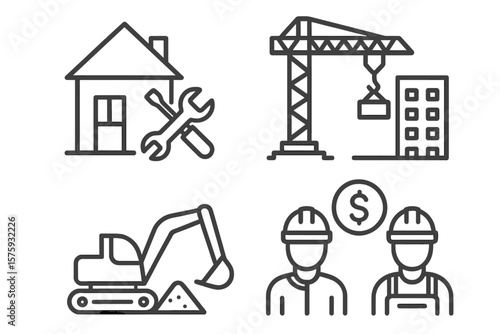Construction line icon set for web and mobile app. Vector symbols for home repair, building site crane, excavator digging ground, and construction worker labor cost.