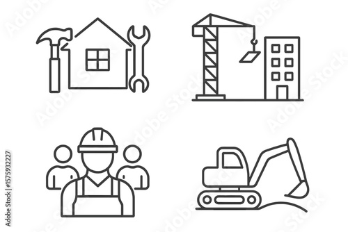 Construction icons set in thin line style. Building industry symbols for web and mobile app. Home repair, crane, skyscraper, tools, team, workers, excavator pictogram.