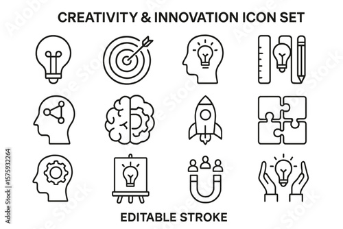 Creativity and innovation linear icon set. Metaphor for creative business solutions, startup launch, problem solving, marketing, mind, inspiration, strategy and idea.