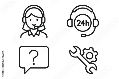 Customer service icon set. Line style web and mobile app icons. Online help, 24h support, FAQ, technical assistance. Contact center operator, settings gear vector symbols.