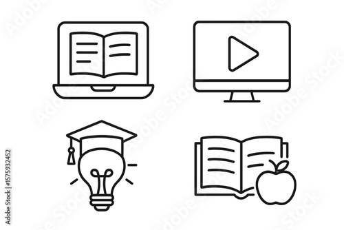 Education and e-learning line icon set. Online learning, video tutorial, webinar, knowledge, school, university concepts. Web and mobile app graphic elements. Vector.