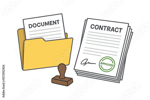 Stack of agreements, contract papers with signature and approved stamp. Document in a folder. Office paperwork and business deal concept. Legal document, bureaucracy vector.