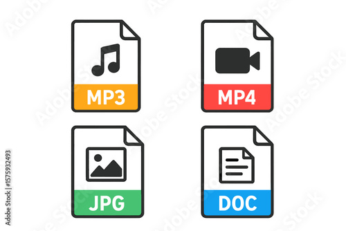 File type icon set vector collection. Popular file format and document extension symbols in flat style design. Graphic templates for audio, video, image, and text documents.