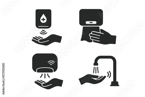 Automatic hand wash icon set. Contactless soap dispenser, paper towel holder, sensor hand dryer, and infrared water tap. Touchless public restroom hygiene vector signs.