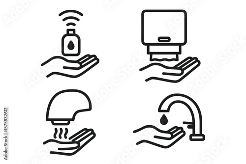 Hand sensor icon set. Contactless automatic soap dispenser, paper towel, hand dryer, water tap. Touchless hygiene concept. Hand wash, drying hands vector pictogram signs.