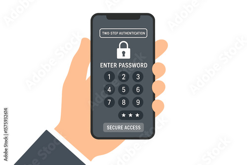 Hand holding smartphone with two-step authentication lock screen. Enter password verification code for security protection. Authorization, secure access, data privacy concept.