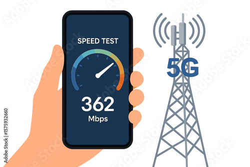 5G Wireless Network Speed Test on Smartphone. Hand Holding Mobile Device Near Communication Tower. High-Speed Internet Connection, Modern Technology, Fast Data Transfer, New Generation Signal