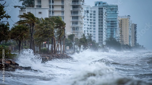 in Florida, Coastal city facing a storm with strong winds, high waves crashing against the shore, and swaying palm trees near tall residential buildings.
