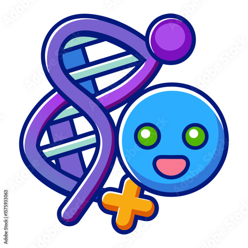 Blue character with green eyes and pink mouth next to D N A strand and orange cross science biology