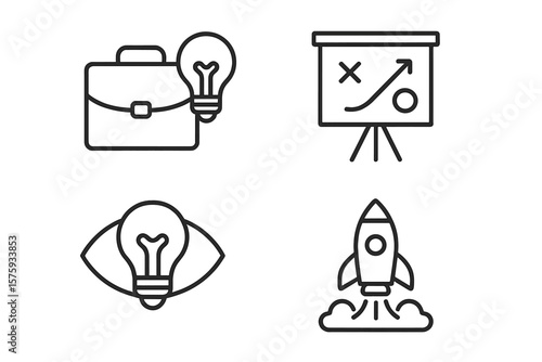 Business Startup Strategy Icons Set. Briefcase with Lightbulb, Vision Innovation, Presentation Chart, Rocket Launch. Creative Idea, Planning, Growth, Success, Leadership, Entrepreneurship