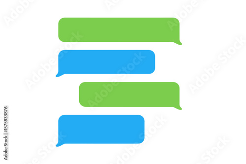 Blank chat message bubbles vector template. Colorful green and blue speech balloons for conversation, texting, dialogue, communication app, social media, messenger, isolated on white