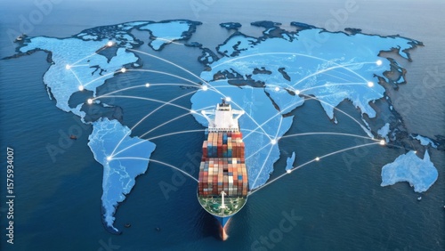 A cargo ship sails on the ocean with a digital world map overlay, showing global shipping routes connecting continents.