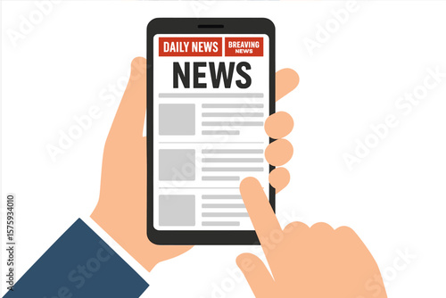 Breaking news smartphone concept. Hand holding mobile device scrolling news feed. Online newspaper, daily headlines, digital journalism, news app, information update, media article
