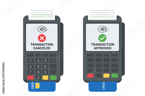 POS Terminal Payment Approved and Canceled. NFC Contactless Credit Card Payment. Insert Card, Print Receipt. Transaction Success and Failure. Banking, Finance, Retail Concept