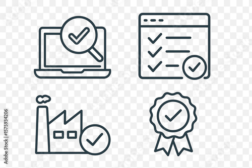 Quality Control Icons Set. Line Style Vector. Inspection, Evaluation, Production, Certification, Checklist, Approval, Factory, Award, Magnifying Glass, Web, Mobile, Compliance, Assurance, Verified