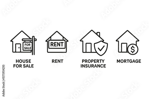 Real Estate Line Style Icons Set for Web and Mobile App, Housing Purchase and Sale, Property Rental, Insurance, Mortgage, Realty and Home Concepts