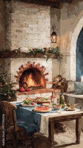 Cozy dining table set with hearty dishes and a warm fireplace in a festive kitchen during winter