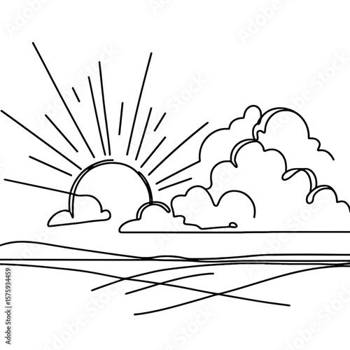Line art of sun and clouds with rays of light in the sky  